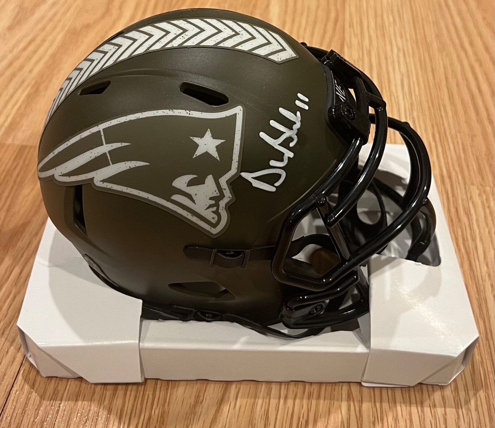 Drew Bledsoe Autographed Signed New England Patriots Patriots Salute to Service Mini Helmet JSA Witnessed COA 