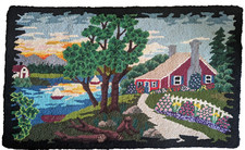 Vintage Hand Made Hooked Rug Cottage SceneryTapestry 38" x 23"