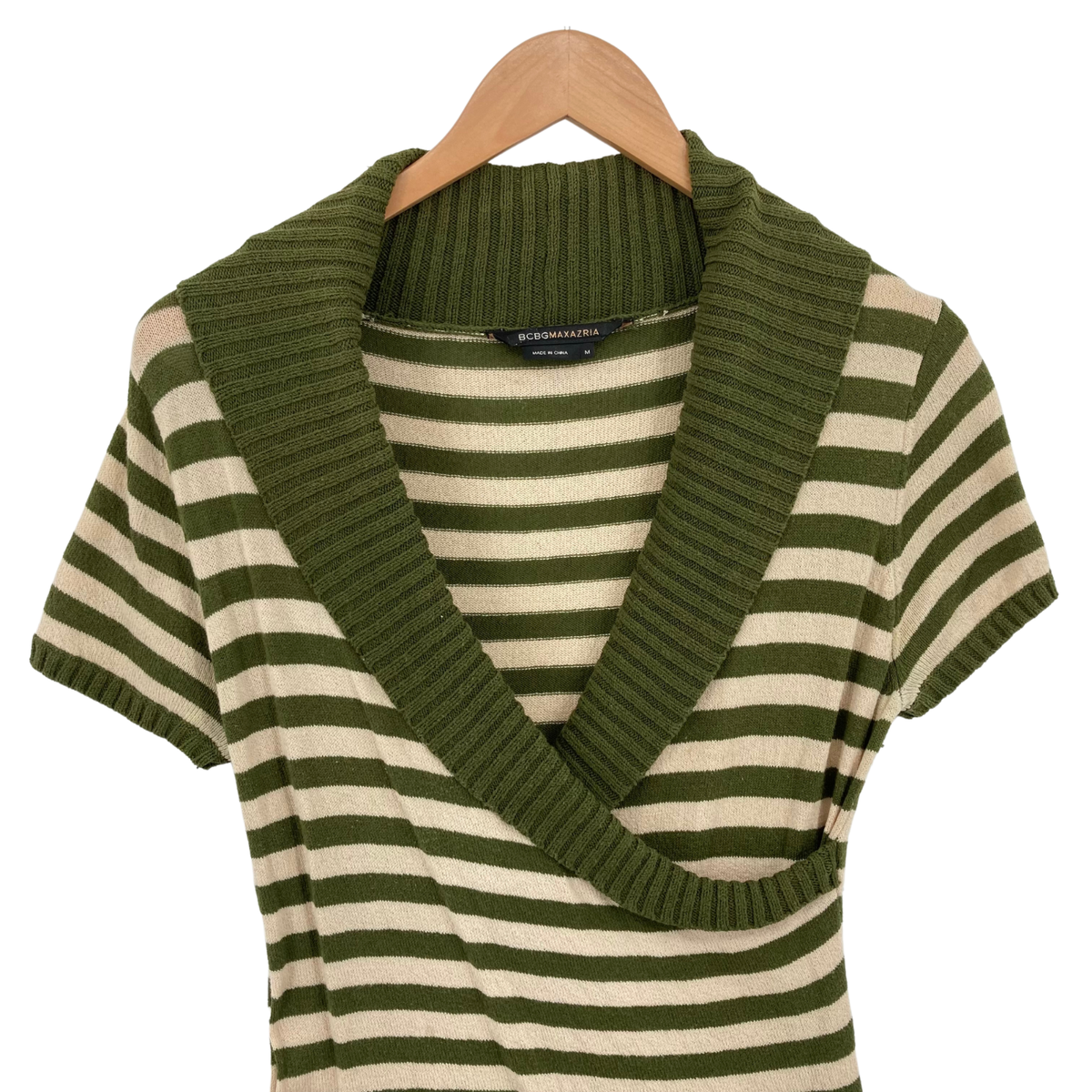 ニット・セーター 14 Punching Border Short Sleeve Knit (3color) BCBGMAXAZRIA Sweater Medium Women's Green/Beige Striped V