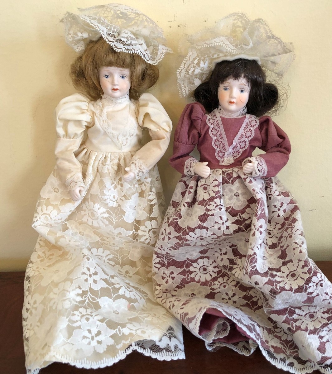 Two Vintage Old Fashioned Victorian Ladies Porcelain Doll