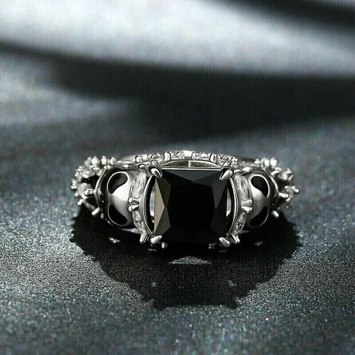 Art Deco Princces Cut Onyx Lab Created Diamond 925 Silver Engagement Gothic Ring