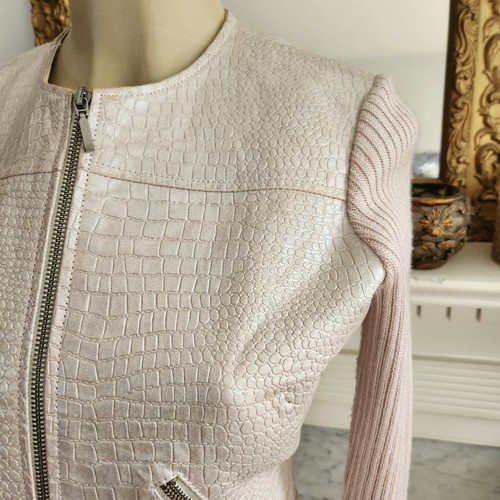 Giacca maglia pelle beige perla rettile girocollo cropped taglia small - Foto 5 di 10
