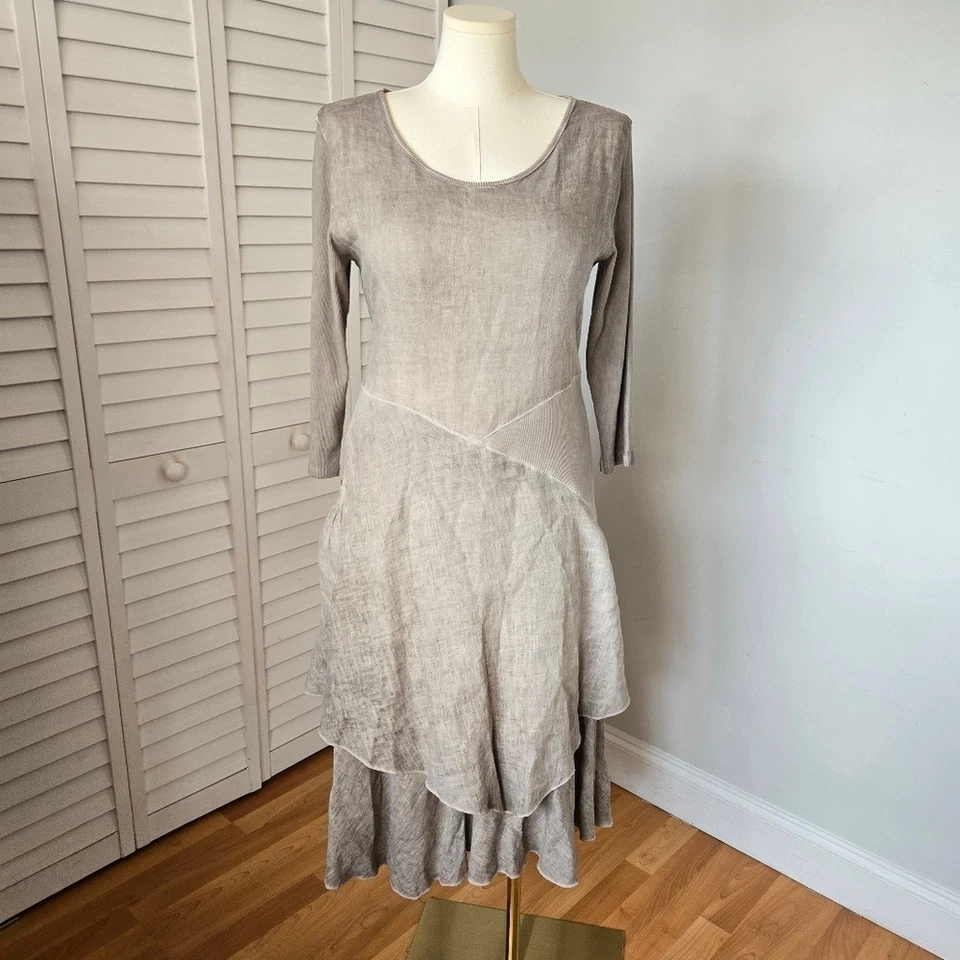 Vestido Midi Inizio Taupe Lino Asimétrico En Capas Talla L Boho Lagenlook Minimalista Foto 2 de 4