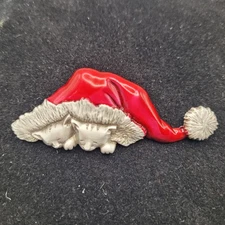 Christmas Cats Santa Hat Brooch Pewter JJ Copyright  2.75" Long 1" Wide Holiday