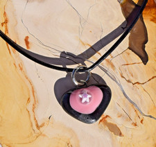 Heart and Starfish Fused Glass Necklace in Pink and Black on Black Cord 18"