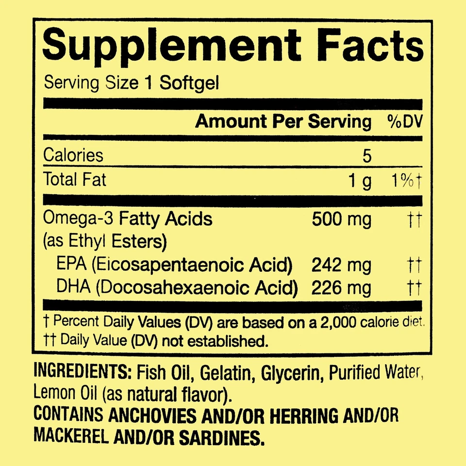 Spring Valley Omega-3 Fish Oil 500 mg Softgels, Natural Lemon Flavor, 120 Count - Image 2 of 4