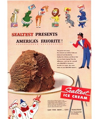 1952 Sealtest Chocolate Ice Cream Vintage Print Ad Circus Animals Clown Wall Art