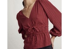 Madewell Red Black Gingham Peplum Tie Front Blouse Size Small Top Balloon Sleeve