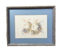 Stampa vintage 1988 Sandi Gara Ebans fiocchi floreali e coniglietti incorniciata firmata