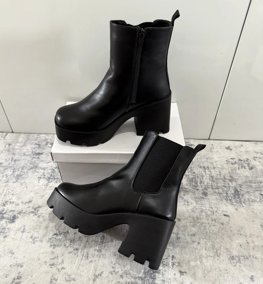 Womens Black Platform Ankle Boots Chunky Block Heel Faux Leather Statement Style - Image 2 of 4