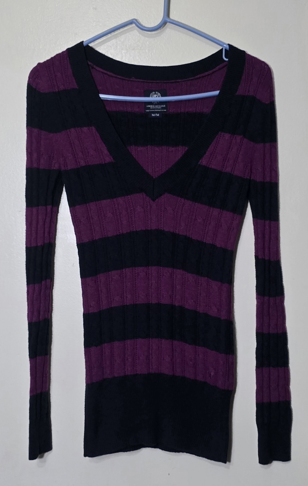 American Eagle Striped V-Neck Sweater Purple & Navy Size Medium