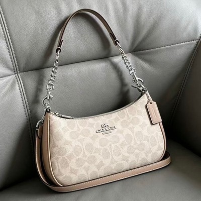 Coach Teri CV933 Shoulder Bag In Signature Canvas Silver /Sand/Taupe NEW