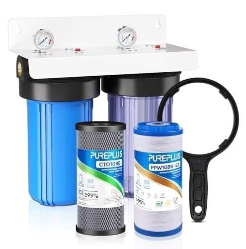 Sistema di filtraggio acqua per tutta la casa a 2 stadi - alloggiamento trasparente 10", sedimenti e carbonio - Foto 1 di 10