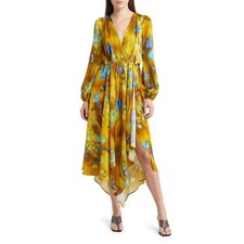 Topshop Abstract Gold Floral Cut Out Asymmetric Satin Midi Dress 6 NWOT Plunge