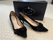 PRADA Black Suede Bow Kitten Heel Pump Pointed Toe Women's EU 37.5