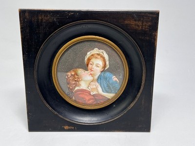 19c.Victorian Antique Miniature Painting Portrait Love Couple Kissing A.Signed