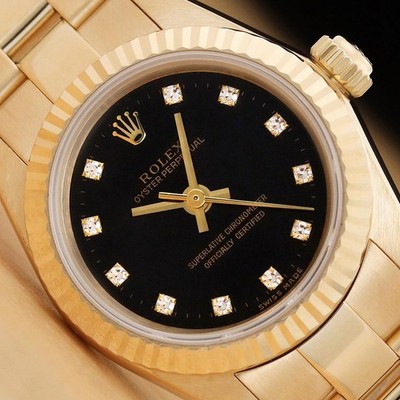 2001 ROLEX OYSTER PERPETUAL 76198 BLACK FACTORY DIAMOND DIAL 18K GOLD WATCH