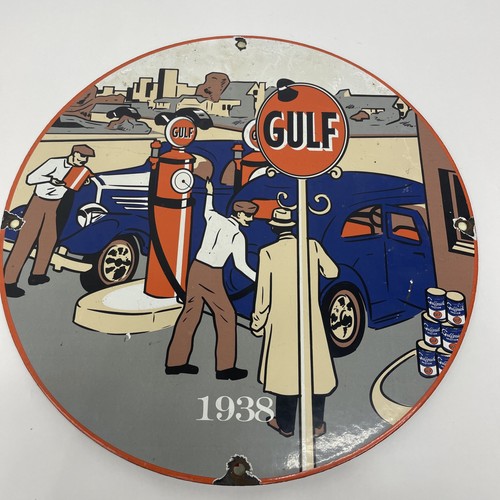 VINTAGE 12” GULF PORCELAIN SIGN S/2/D