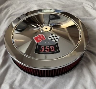 CHEVROLET Chrome Air Cleaner With 3D Decal 350 Red Washable Filter 4bbl Carb