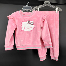 Hello Kitty Outfit Set Girls 2T Pink Velour Sweatshirt Pants Sequin Bow Ruffle