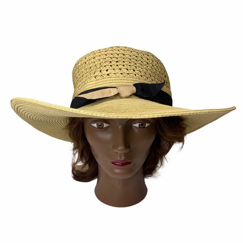 Halogen Tan Black Woven Straw Wide Brim 