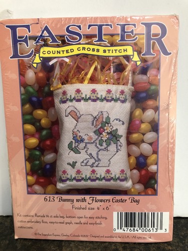 Sugarplum Express 613 Counted Cross Stitch Bunny With Flowers Easter Bag 4" x 6"