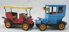 Two 1960's Vintage Tin Friction Old Fashioned Toy Cars --- Bandai Made in Japan
