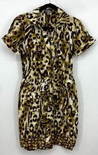 NY Collection Women Shirt Dress Medium Leopard Belted Button Pockets Collar