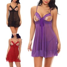 Women's Sexy Cupless Lingerie Open Cup Sleepwear Underwear Babydoll Lace Dress