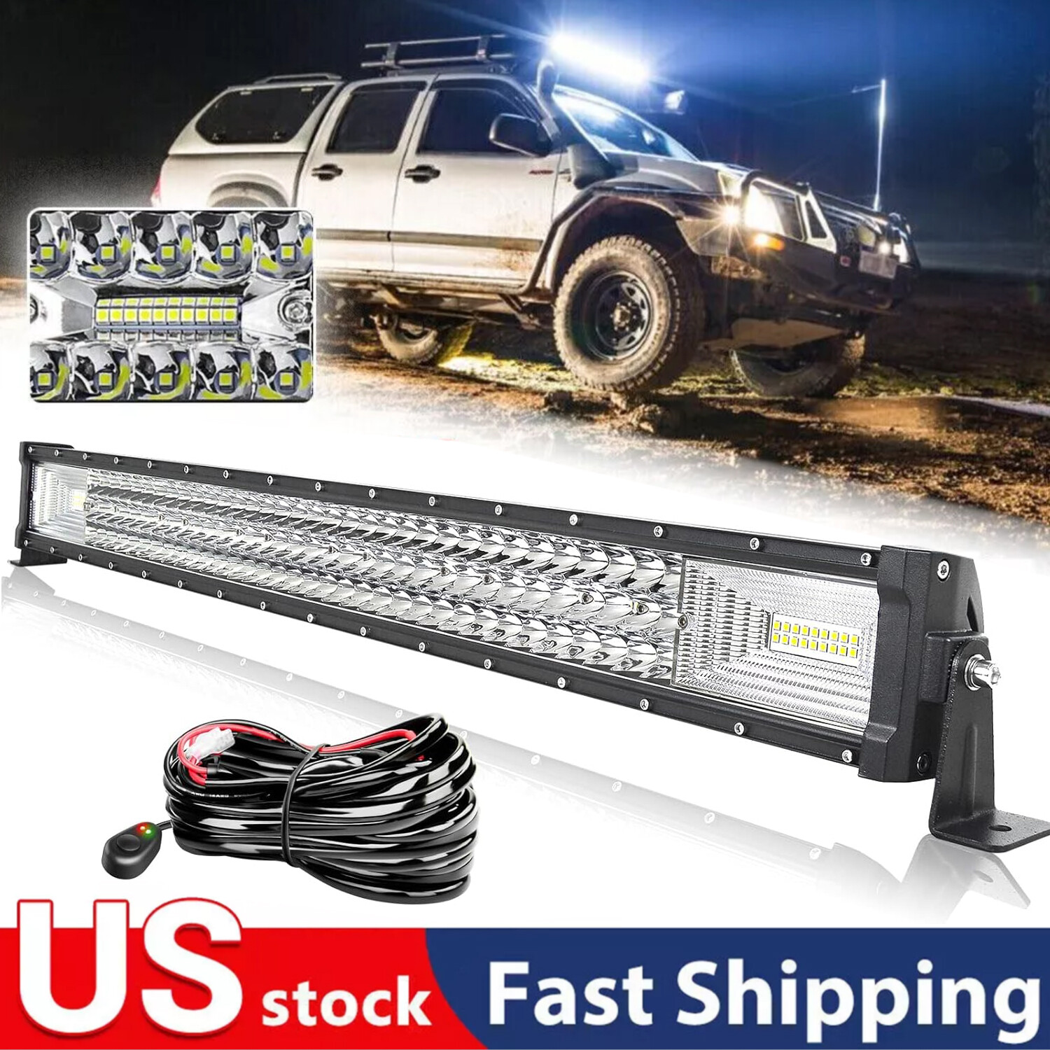 32 Inch LED LIGHT BAR Tri Row Spot Flood Combo Truck Offroad 4WD ATV SUV Light