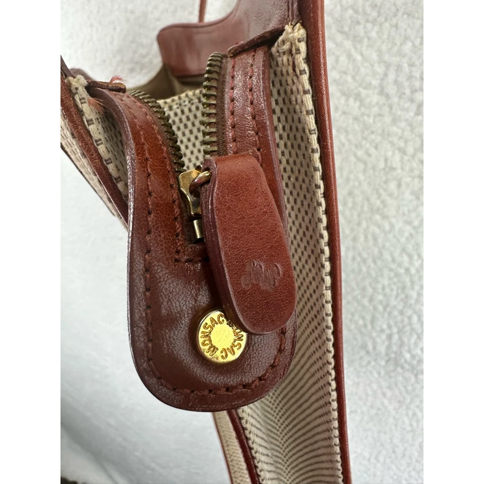 Monsac Womens Shoulder Tote Bag Beige Fabric Brown Leather Trim Strap Pocket Zip - Image 3 of 4