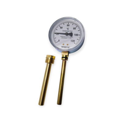 RADIAL THERMOMETER Ø 80MM 0-120°C WITH 1/2 WELL 10CM LONG