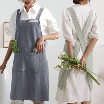 Cross-back Kitchen Apron Linen Cotton Baking Overalls for Adult Kids