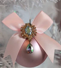 Shabby Victorian Chic Rose Pink Jeweled Vintage Brooch Glass Christmas Ornament