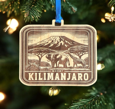 Mount Kilimanjaro Ornament Cherry Wood Christmas. Made In USA Gift. 3.75'' Magnet