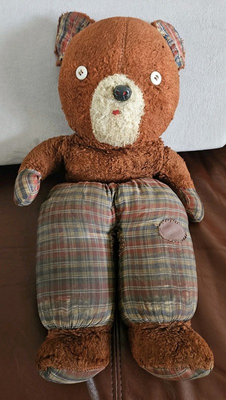Vintage 50's Plush Brown Teddy Bear Plaid Pants Button Eyes