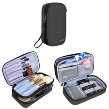 Travel Makeup Brush Case - Double Layer Organizer Bag with Handle Strap, Black,