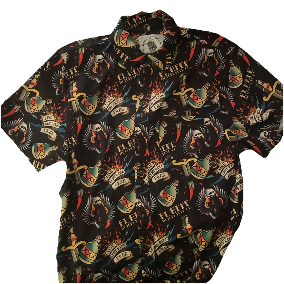 SAVAGE TACTICIANS CO  El Hefe Motorcycle Co Short Sleeve Snap Button Up Shirt S