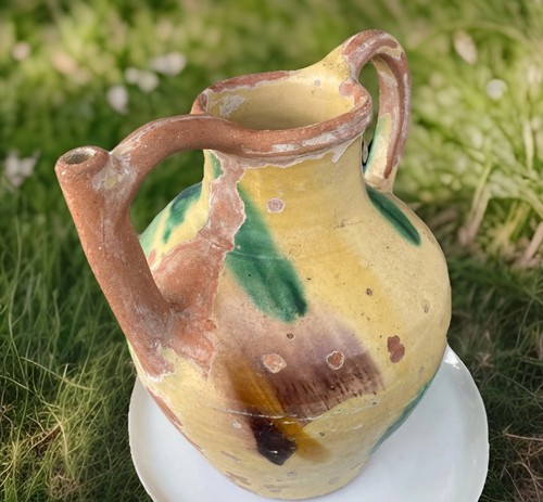French Antique Double Handled Gargoulette Earthenware TerraCotta Glazed Pitcher - Picture 4 of 12