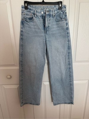 American Eagle curvy super high rise baggy straight light wash blue jeans