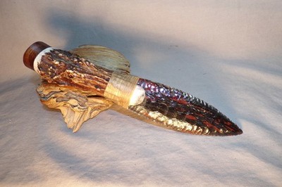 Tri Flow Obsidian Paleo Knife W Elk Antler & Walnut End Cap Handle Flintknapping