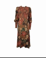 Farm Rio Midi Dress Flowered Leopard Womens M Crepe Puff Sleeve Boho Fall Hippie