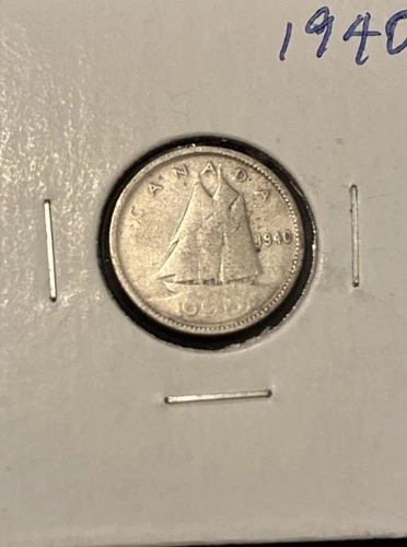 1940 Canada Silver Dime 10 Cents George VI .800 Fine Bluenose Schooner Coin F
