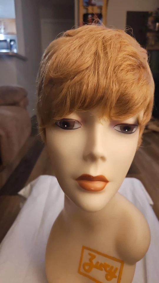 Peluca para mujer rubia miel corte pixie 100 % cabello humano Foto 2 de 3