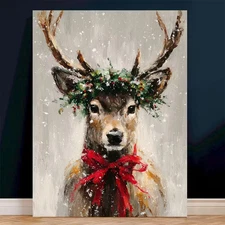 Christmas Reindeer Wall Art with Holly Wreath & Red Bow Vintage Holiday Decor