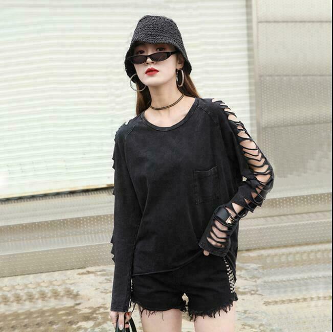 Womens Ladies Fashion Punk Ripped Long Sleeves Washed Black Womens Ladies Fashion Punk Ripped Long Sleeves Washed Black