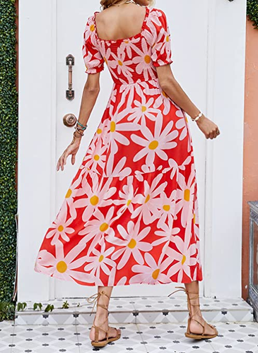 ZESICA Women's Summer Boho Square Neck Ruffle Beach Maxi Dress Tomato Small - Picture 2 of 3