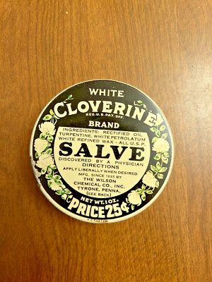 Vintage Ca. 1950s Large Cloverine Salve Tin with Bit Contents Inside, PA 25 Cent