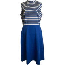 VTG 70's Womens 2 PC Sleevelss Dress A-Line Striped Bodice Solid Skirt Jacket