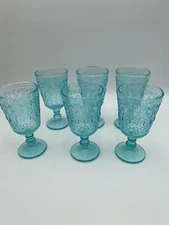 6 PIONEER WOMAN 12oz ADELINE Thick Glass GOBLET Teal/Turquoise